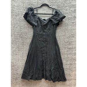 Uterque Linen Off‎ Shoulder Button Down A Line Dress Black Womens Size M / 28